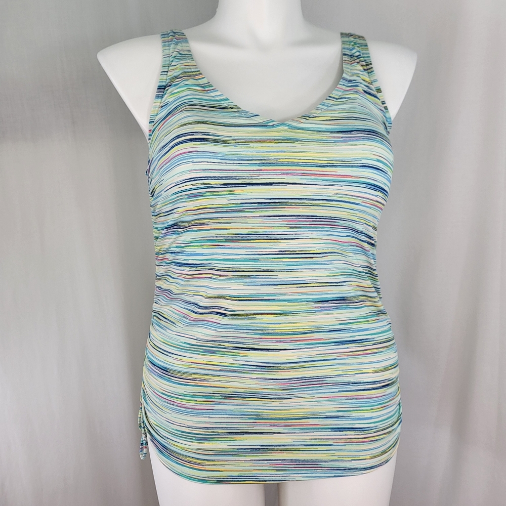 Lands End Swim TANKINI TOP Womens Sz 12 Striped Aqua Blue Yellow Pink Underwire